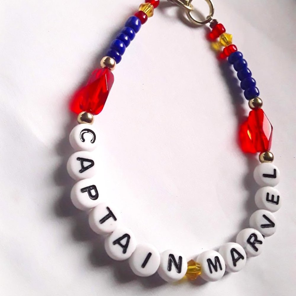 Captain Marvel Handmade Bracelet with Red Blue and Gold Beads